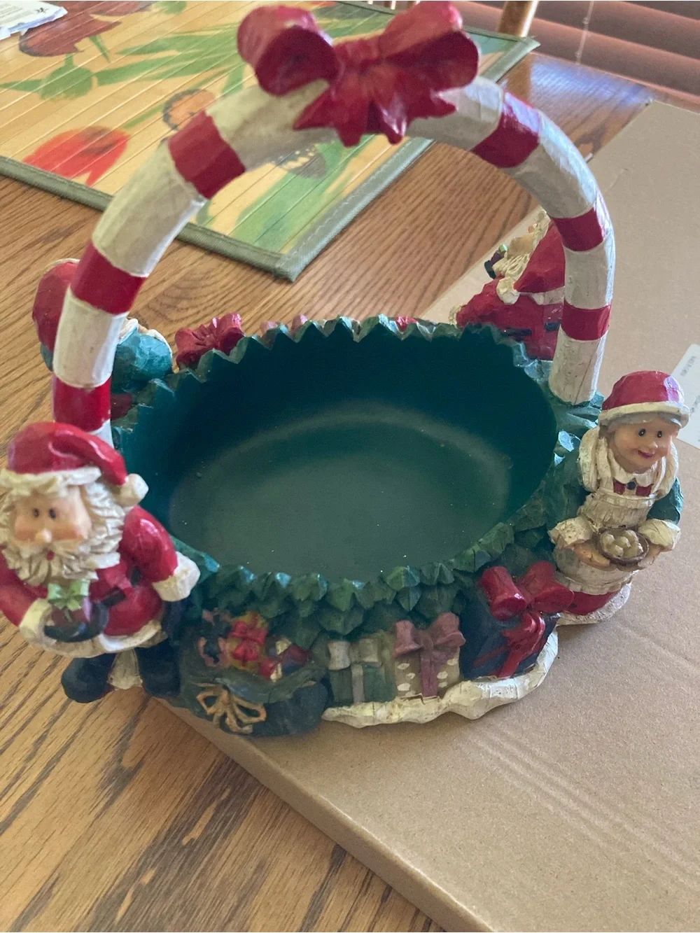 Festive Red & Green Santa Holiday Basket with Candy-Striped Handle VTG